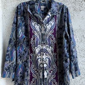 Chico's Navy Paisley Blouse with Purple & Teal Accents